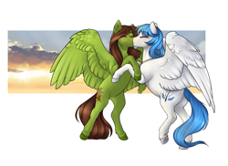 Size: 1959x1426 | Tagged: safe, artist:royvdhel-art, imported from derpibooru, oc, oc only, oc:autumn breeze, oc:snowy haze, pegasus, pony, cloud, eyes closed, hug, oc x oc, pegasus oc, shipping, wings