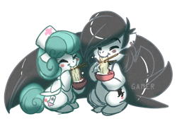 Size: 659x452 | Tagged: safe, artist:thegamercolt, imported from derpibooru, oc, oc only, oc:nimble, oc:thegamercolt, earth pony, pegasus, pony, big tail, chopsticks, cute, cutie mark, eating, food, hat, noodles, nurse, nurse hat, ramen, ramen face, simple background, tail, transparent background, wings