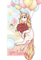 Size: 1379x2000 | Tagged: safe, artist:royvdhel-art, imported from derpibooru, pinkie pie, oc, oc only, pony, unicorn, balloon, bouquet, floating, flower, flying, happy birthday, horn, then watch her balloons lift her up to the sky, unicorn oc