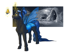 Size: 1762x1236 | Tagged: safe, artist:royvdhel-art, imported from derpibooru, oc, oc only, changeling queen, pony, blue changeling, cave, changeling queen oc, glowing, glowing horn, hair bun, horn, magic, simple background, solo, telekinesis, white background