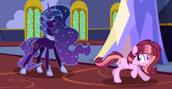 Size: 2300x1200 | Tagged: safe, artist:just-silvushka, imported from derpibooru, oc, oc only, oc:daydream glimmer, oc:enigma, pony, base used, ethereal mane, eyelashes, female, hoof shoes, laughing, mare, nightmarified, peytral, running, scared, starry mane