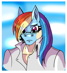 Size: 2184x2353 | Tagged: safe, artist:rex-equinox, imported from derpibooru, rainbow dash, human, clothes, coat, glasses, high res, human to pony, rainbow dork, rule 63, solo, transformation, transgender transformation