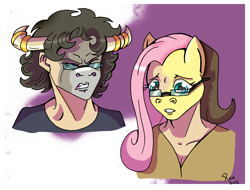 Size: 2989x2274 | Tagged: safe, artist:rex-equinox, imported from derpibooru, fluttershy, bull, human, bust, duo, eyes closed, furry, glasses, gritted teeth, high res, human to pony, transformation