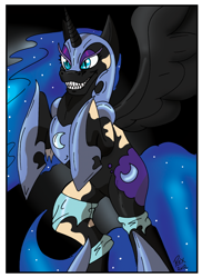 Size: 744x1024 | Tagged: safe, artist:rex-equinox, imported from derpibooru, nightmare moon, alicorn, pony, clothes, grin, human to pony, rearing, smiling, solo, torn clothes, transformation