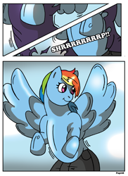 Size: 2000x2752 | Tagged: safe, artist:rex-equinox, imported from derpibooru, rainbow dash, pegasus, pony, clothes, comic, high res, human to pony, looking back, ripping clothes, smiling, transformation