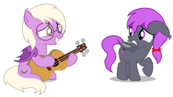 Size: 6250x3520 | Tagged: safe, artist:strategypony, imported from derpibooru, oc, oc only, oc:nocturnal grapes, oc:pinkfull night, bat pony, pony, absurd resolution, bat pony oc, bat wings, duo, duo female, ear fluff, ear tufts, eye contact, female, filly, floppy ears, folded wings, frown, full body, glasses, grin, guitar, looking at each other, musical instrument, nervous, purple eyes, purple mane, purple tail, raised hoof, red eyes, shadow, show accurate, simple background, sitting, smiling, standing, tail, teeth, transparent background, wings, younger