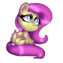 Size: 3000x3000 | Tagged: safe, artist:yorushikathebaka, imported from derpibooru, fluttershy, pegasus, pony, chibi, female, folded wings, high res, mare, sad, simple background, sitting, solo, three quarter view, transparent background, wings