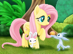 Size: 1862x1373 | Tagged: safe, artist:lifesharbinger, imported from derpibooru, angel bunny, fluttershy, pegasus, pony, rabbit, animal, crossover, cute, female, fluttershy day, folded wings, food, forest, giving, jealous, looking at each other, looking at someone, mare, orange, ori, ori and the blind forest, ori and the will of the wisps, outdoors, raised hoof, shyabetes, smiling, suspicious, trio, wings