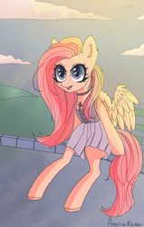 Size: 2232x3508 | Tagged: safe, artist:angelinarichter, imported from derpibooru, fluttershy, pegasus, pony, bench, bipedal, catchlights, choker, chokershy, clothes, crepuscular rays, cross, e-girl, ear piercing, female, goth, heart eyes, high res, mare, open mouth, outdoors, piercing, sitting, skirt, solo, spread wings, stray strand, three quarter view, wingding eyes, wings