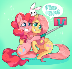 Size: 3073x2943 | Tagged: safe, artist:dymitre, imported from derpibooru, angel bunny, fluttershy, pinkie pie, earth pony, pegasus, pony, rabbit, animal, beanbrows, emanata, eyebrows, female, folded wings, grin, gritted teeth, heart eyes, high res, hoof hold, hug, looking at something, mare, phone, selfie, selfie stick, sitting, sitting on head, smiling, sparkles, speech bubble, trio, wingding eyes, wings