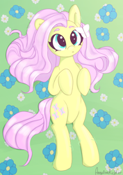 Size: 2480x3508 | Tagged: safe, artist:angelinarichter, imported from derpibooru, fluttershy, butterfly, pegasus, pony, cute, female, flower, flower field, high res, hooves to the chest, looking at something, looking up, lying down, mare, on back, shyabetes, solo