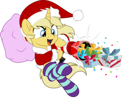 Size: 6162x5000 | Tagged: safe, artist:jhayarr23, imported from derpibooru, part of a set, oc, oc only, oc:sunlight bolt, pony, unicorn, christmas, clothes, commission, holiday, present, simple background, socks, solo, striped socks, transparent background, ych result