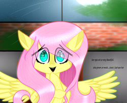 Size: 2136x1740 | Tagged: safe, artist:smileyeyes34, imported from derpibooru, fluttershy, pegasus, pony, bust, eye clipping through hair, female, hoof on chin, looking at you, mare, open mouth, smiling, solo, speech, spread wings, talking, wings