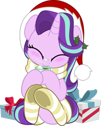 Size: 4021x5000 | Tagged: safe, artist:jhayarr23, imported from derpibooru, part of a set, starlight glimmer, pony, unicorn, chocolate, christmas, clothes, commission, cozy, cute, daaaaaaaaaaaw, female, food, glimmerbetes, happy, hat, holiday, hot chocolate, mare, present, santa hat, scarf, simple background, smiling, socks, striped socks, transparent background, underhoof, weapons-grade cute, ych result