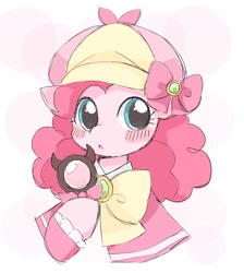 Size: 1675x1869 | Tagged: dead source, safe, artist:ginmaruxx, imported from derpibooru, pinkie pie, earth pony, pony, blush sticker, blushing, bow, crossover, detective, doodle, female, hat, looking at you, magnifying glass, simple background, solo, suzuko mimori, tantei opera milky holmes, voice actor joke, white background