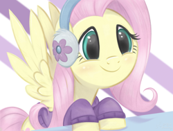 Size: 4302x3255 | Tagged: safe, artist:fladdrarblyg, imported from derpibooru, fluttershy, pegasus, pony, best gift ever, abstract background, bust, clothes, earmuffs, female, mare, scene interpretation, smiling, solo, spread wings, sweater, sweatershy, three quarter view, wings, winter outfit