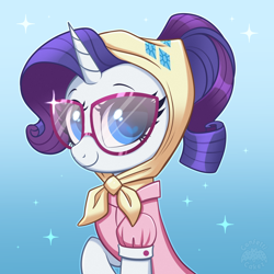 Size: 4000x4000 | Tagged: safe, artist:confetticakez, imported from derpibooru, rarity, pony, unicorn, alternate hairstyle, blushing, camping outfit, clothes, cute, female, glasses, headscarf, mare, raribetes, scarf, shirt, solo