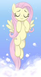 Size: 3509x6622 | Tagged: safe, artist:fladdrarblyg, imported from derpibooru, fluttershy, pegasus, pony, fame and misfortune, absurd resolution, cloud, eyes closed, female, flawless, flying, hooves to the chest, mare, scene interpretation, sky, smiling, solo, spread wings, we're not flawless, wings