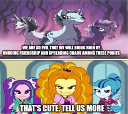 Size: 916x814 | Tagged: safe, idw, imported from derpibooru, adagio dazzle, aria blaze, sonata dusk, pony, unicorn, equestria girls, rainbow rocks, black belle, comic, disguise, disguised siren, evil grin, grin, meme, shadow storm, smiling, the dazzlings, violet shiver, wrong aspect ratio