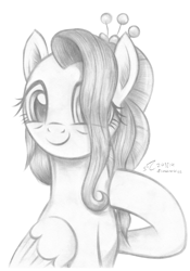 Size: 3103x4440 | Tagged: safe, artist:fladdrarblyg, imported from derpibooru, fluttershy, pegasus, pony, the last problem, bust, female, folded wings, grayscale, hair over one eye, hoof on chest, looking at you, mare, monochrome, older, older fluttershy, pencil drawing, portrait, raised hoof, simple background, smiling, solo, three quarter view, traditional art, white background, wings