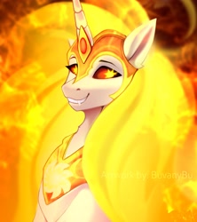 Size: 3641x4096 | Tagged: safe, artist:buvanybu, imported from derpibooru, daybreaker, alicorn, pony, bust, fangs, female, grin, high res, mane of fire, mare, smiling, solo