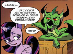 Size: 1298x969 | Tagged: safe, artist:andypriceart, idw, imported from derpibooru, blacktip, twilight sparkle, alicorn, dragon, pony, spoiler:comic, spoiler:comic61, cropped, duo, implied princess ember, implied spike, smuglight sparkle, spread wings, text, twilight sparkle (alicorn), wings