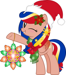 Size: 2296x2613 | Tagged: safe, artist:jhayarr23, imported from derpibooru, oc, oc only, oc:pearl shine, pegasus, pony, christmas, clothes, female, hat, high res, holiday, looking at you, mare, nation ponies, philippines, santa hat, scarf, simple background, solo, transparent background