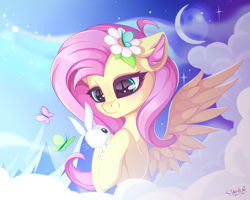 Size: 2869x2295 | Tagged: safe, artist:stahlkat, imported from derpibooru, angel bunny, fluttershy, butterfly, pegasus, pony, rabbit, angelbetes, animal, bust, cloud, crescent moon, cute, duo, ear fluff, female, flower, flower in hair, high res, holding, hoof hold, looking at each other, looking at someone, mare, moon, mountain, shyabetes, smiling, spread wings, stars, three quarter view, wings