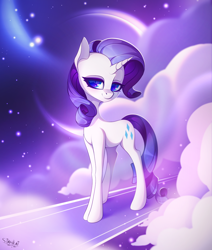 Size: 3586x4219 | Tagged: safe, artist:stahlkat, imported from derpibooru, rarity, pony, unicorn, abstract background, cloud, crescent moon, female, high res, looking at you, mare, moon, smiling, solo, standing, three quarter view, turned head