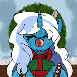 Size: 500x500 | Tagged: safe, artist:zaptraps, imported from derpibooru, oc, oc:fleurbelle, alicorn, alicorn oc, bow, christmas, christmas wreath, female, hair bow, holiday, horn, jingle bells, mare, present, red nose, wings, wreath