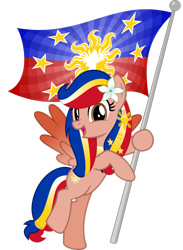 Size: 2095x2863 | Tagged: safe, artist:jhayarr23, imported from derpibooru, oc, oc only, oc:pearl shine, pegasus, pony, bipedal, flag, high res, holding a flag, looking at you, nation ponies, open mouth, philippines, ponified, simple background, solo, transparent background