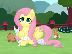 Size: 1600x1200 | Tagged: safe, artist:podiponi, imported from derpibooru, fluttershy, pegasus, pony, rabbit, animal, bush, cute, daaaaaaaaaaaw, ear fluff, female, fence, flower, folded wings, grass, heart eyes, looking at you, lying down, mare, outdoors, petting, prone, shyabetes, smiling, solo, that pony sure does love animals, three quarter view, tree, wingding eyes, wings