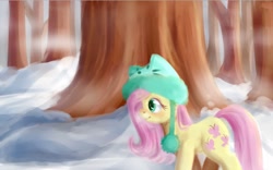 Size: 1415x881 | Tagged: safe, artist:taika403, imported from derpibooru, fluttershy, pony, cat hat, clothes, female, forest, hat, mare, outdoors, profile, smiling, snow, solo, tree, wingless, winter, winter outfit