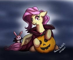 Size: 1265x1044 | Tagged: safe, artist:bubucoy, imported from derpibooru, angel bunny, fluttershy, pegasus, pony, undead, vampire, blushing, cape, clothes, costume, duo, fangs, female, floppy ears, halloween, halloween costume, holiday, jack-o-lantern, looking at you, mare, night, pumpkin, red eyes, sitting, smiling, spread wings, turned head, wings, wings down