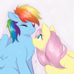 Size: 1000x1000 | Tagged: safe, artist:turn-silence, imported from derpibooru, fluttershy, rainbow dash, pegasus, pony, bust, chest fluff, curious, duo, eye contact, female, looking at each other, looking at someone, mare, one eye closed, simple background, smiling, three quarter view, white background, wings, wink