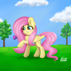 Size: 4000x4000 | Tagged: safe, artist:lazybread, imported from derpibooru, fluttershy, butterfly, pegasus, pony, blushing, chest fluff, crepuscular rays, cute, female, grass, looking at something, mare, outdoors, raised hoof, shyabetes, smiling, solo, standing, tree, wings