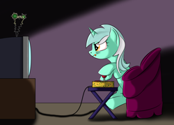 Size: 2904x2079 | Tagged: safe, artist:lifesharbinger, imported from derpibooru, lyra heartstrings, pony, unicorn, :p, arcade stick, chair, controller, female, gamer, gamer lyra, glare, high res, hoof hold, joystick, sitting, smiling, smirk, solo, television, tongue out, video game