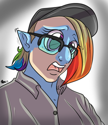 Size: 1897x2192 | Tagged: safe, artist:rex-equinox, imported from derpibooru, rainbow dash, human, cap, clothes, coat, glasses, hat, human to pony, open mouth, solo, transformation