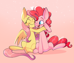 Size: 3133x2666 | Tagged: safe, artist:dymitre, imported from derpibooru, fluttershy, pinkie pie, earth pony, pegasus, pony, abstract background, blushing, duo, eyes closed, female, friendshipping, happy, heart, high res, hug, looking at someone, mare, one eye closed, open mouth, pink background, simple background, sitting, smiling, spread wings, underhoof, wings