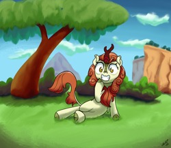 Size: 2500x2172 | Tagged: safe, artist:wallparty, imported from derpibooru, autumn blaze, kirin, female, grin, high res, hoof on chin, kirin day, leaning, looking at you, mare, outdoors, raised hoof, smiling, solo, tree