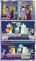 Size: 1920x3169 | Tagged: safe, artist:alexdti, imported from derpibooru, moondancer, sunburst, twilight sparkle, oc, oc:brainstorm (alexdti), oc:purple creativity, oc:star logic, alicorn, pegasus, pony, unicorn, comic:quest for friendship, blue eyes, cloak, clothes, comic, cutie map, dialogue, eye contact, female, floppy ears, folded wings, glasses, glowing, glowing horn, green eyes, gritted teeth, helmet, horn, looking at each other, looking back, magic, male, mare, messy mane, multicolored mane, open mouth, open smile, pegasus oc, purple eyes, raised hoof, shadow, shrunken pupils, smiling, speech bubble, stallion, standing, standing on two hooves, sunburst's cloak, sunburst's glasses, tail, telekinesis, twilight sparkle (alicorn), twilight's castle, two toned mane, two toned tail, underhoof, unicorn oc, walking, wings