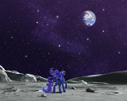 Size: 2500x1995 | Tagged: safe, artist:harwick, imported from derpibooru, princess luna, alicorn, pony, fanfic:the mare who once lived on the moon, commission, earth, fanfic art, female, full moon, looking up, mare, moon, scenery, solo, space, stars