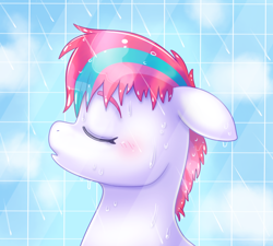 Size: 874x786 | Tagged: safe, artist:malarkey, imported from derpibooru, zipp storm, pegasus, pony, bust, dripping, eyes closed, female, floppy ears, g5, mare, my little pony: a new generation, peaceful, portrait, relaxed, shower, showering, simple background, solo, steam, wet, wet mane