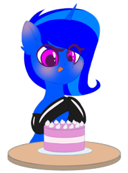 Size: 800x1080 | Tagged: safe, artist:latexcut1e, imported from derpibooru, oc, oc only, oc:blue vector, pony, unicorn, birthday, blushing, cake, clothes, cute, ear fluff, food, gift art, happy, latex, latex socks, simple background, smiling, socks, solo, tongue out, transparent background