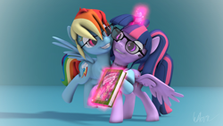 Size: 3840x2160 | Tagged: safe, artist:laylahorizonsfm, imported from derpibooru, rainbow dash, twilight sparkle, alicorn, pegasus, pony, 3d, alternate hairstyle, blue background, book, choker, colored eyelashes, daring do and the sapphire statue, duo, female, glasses, grin, high res, hug, lesbian, levitation, looking at each other, looking at someone, magic, mare, pigtails, shipping, signature, simple background, smiling, source filmmaker, spread wings, telekinesis, twidash, twilight sparkle (alicorn), twintails, wings