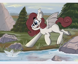 Size: 2048x1678 | Tagged: safe, artist:tasiashoe, imported from derpibooru, oc, oc only, bat pony, pony, paper boat, solo, tree, water