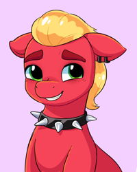 Size: 564x705 | Tagged: safe, artist:malarkey, imported from derpibooru, sprout cloverleaf, earth pony, pony, bust, collar, colored sketch, ear piercing, earring, floppy ears, g5, jewelry, male, my little pony: a new generation, piercing, simple background, smiling, solo, spiked collar, sproutbetes, stallion