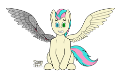 Size: 5500x3500 | Tagged: safe, artist:soupyfox, imported from derpibooru, oc, oc only, oc:prism streak, pegasus, pony, amputee, artificial wings, augmented, heterochromia, looking at you, prosthetic limb, prosthetic wing, prosthetics, simple background, sitting, smiling, smiling at you, solo, spread wings, transparent background, wings