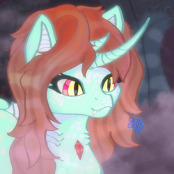 Size: 3000x3000 | Tagged: safe, artist:umbrapone, imported from derpibooru, oc, bicorn, merpony, brown mane, bust, cult leader, cultist, cute, cute little fangs, deep one, dorsal fin, dwarf fortress, fangs, fog, gem, gills, high res, horn, multiple horns, portrait, slit pupils, solo, yellow eyes