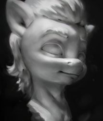 Size: 926x1080 | Tagged: safe, artist:assasinmonkey, imported from derpibooru, sprout cloverleaf, earth pony, pony, black and white, bust, g5, grayscale, male, monochrome, my little pony: a new generation, solo, stallion, statue